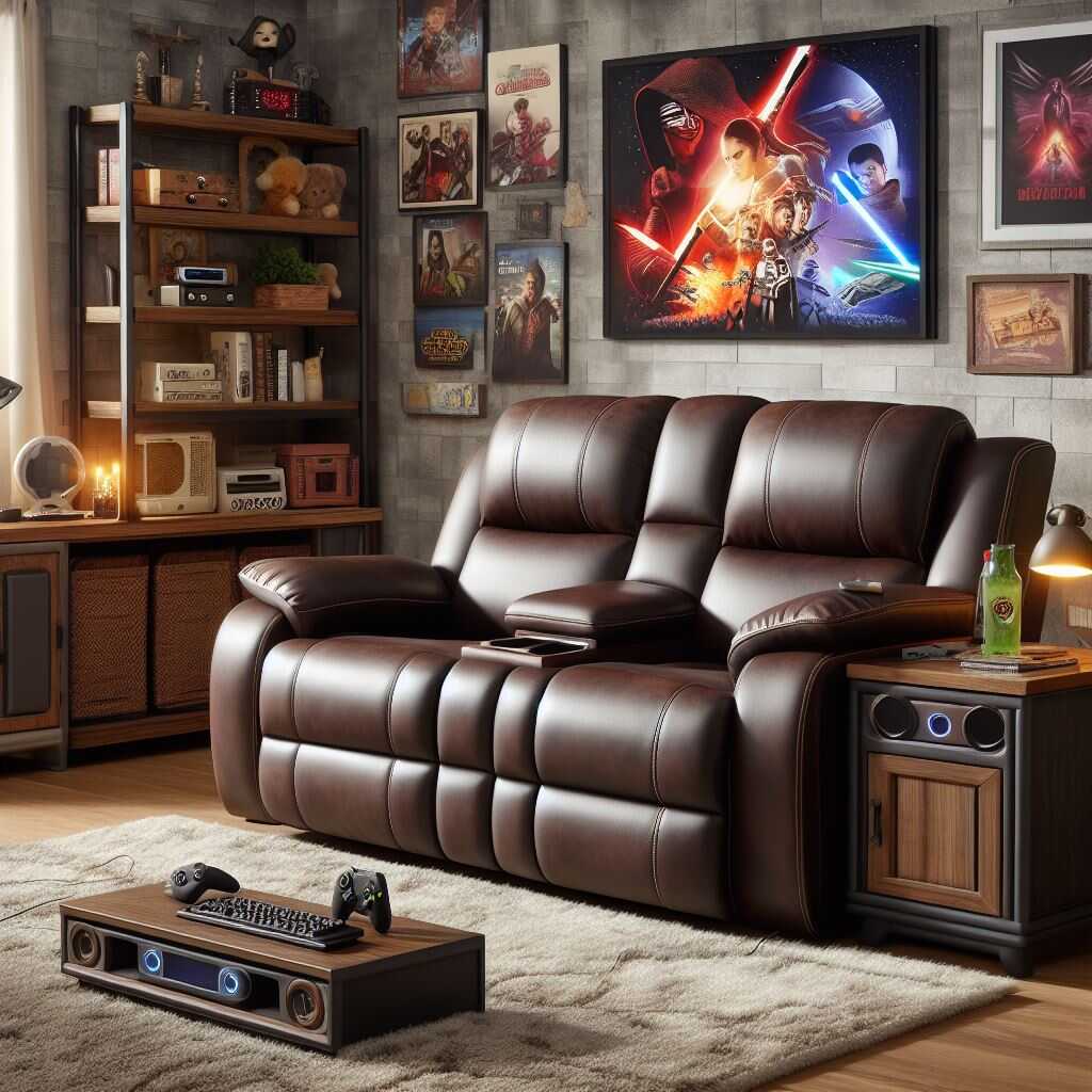 A brown leather double recliner in a modern living room.