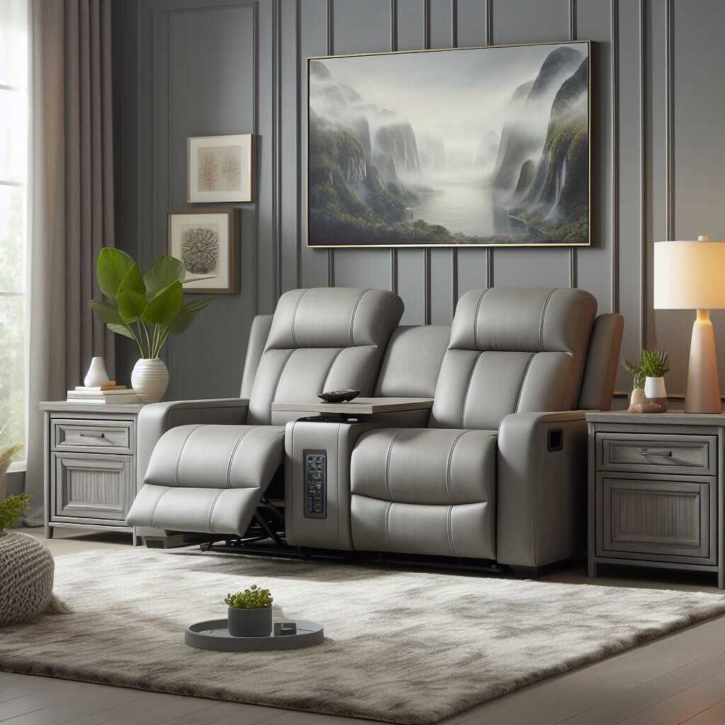 A cozy living room setup with a reclining brown leather sofa.