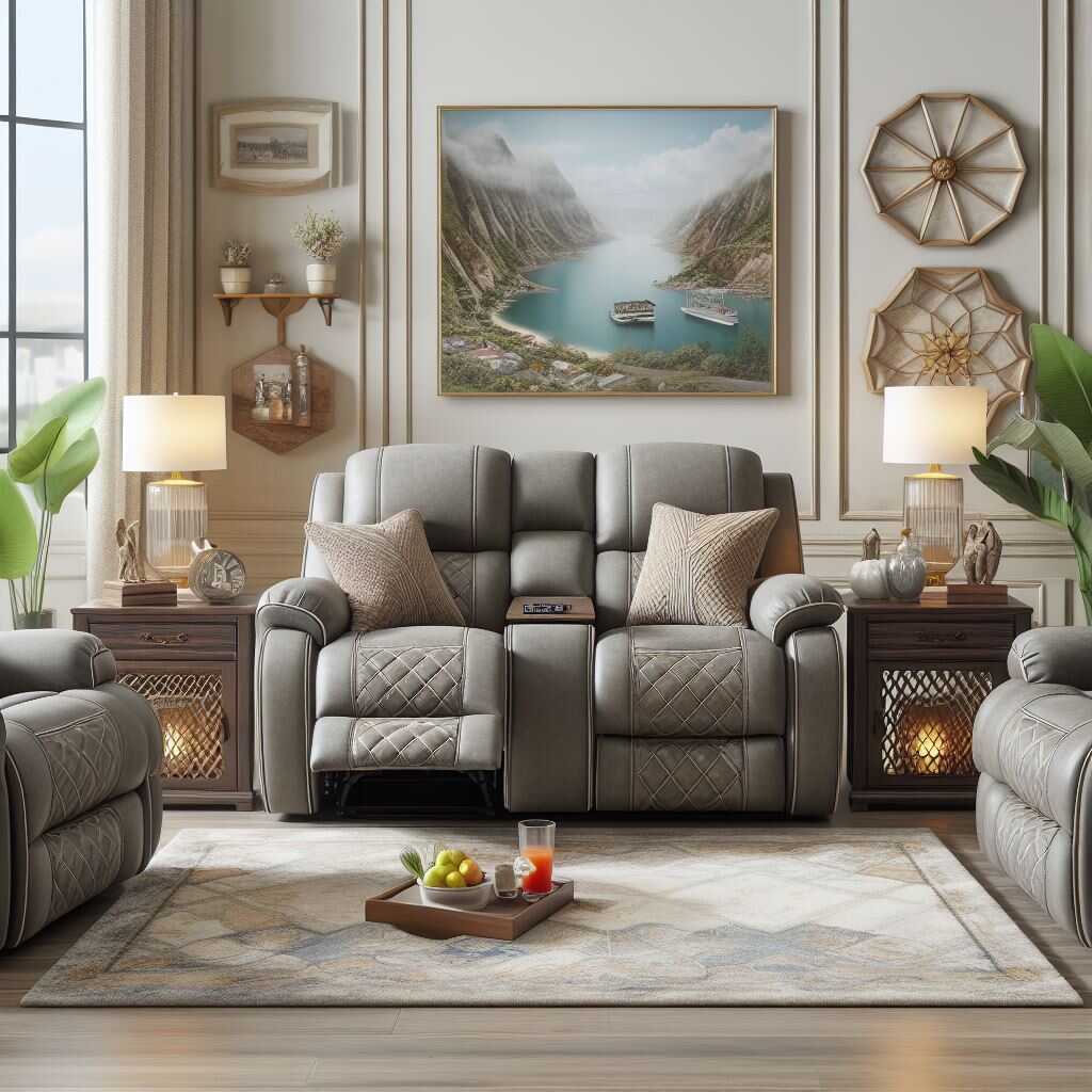 A fabric loveseat recliner in a modern living room