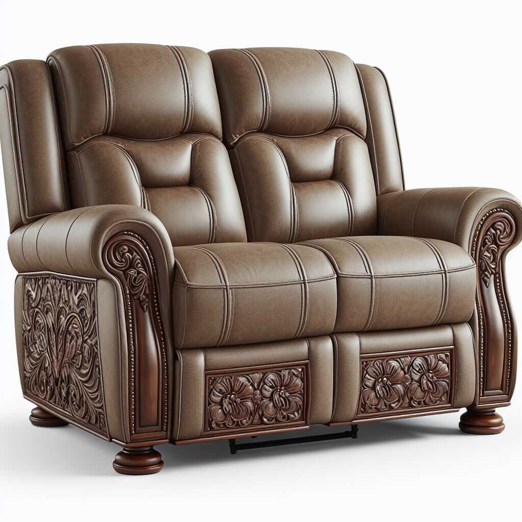A leather loveseat recliner in a cozy home theater