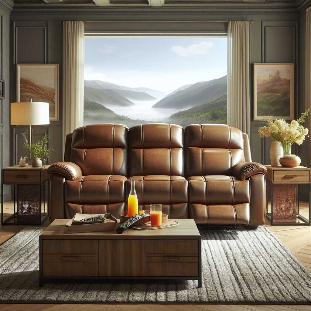 A close-up of the reclining mechanism of the loveseat