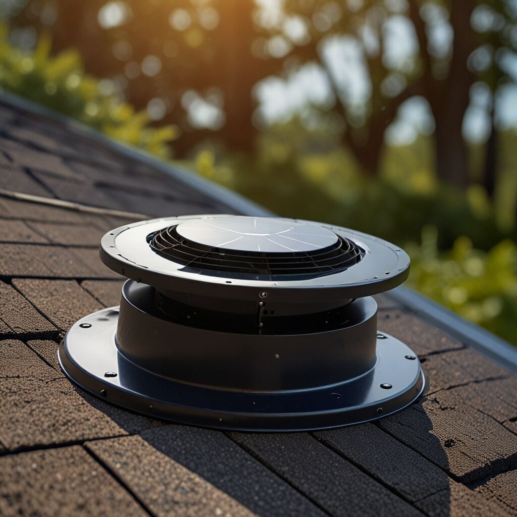 Efficient solar attic fan installed in a residential attic