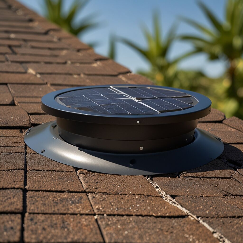 Roof mounted solar attic fan with battery backup system