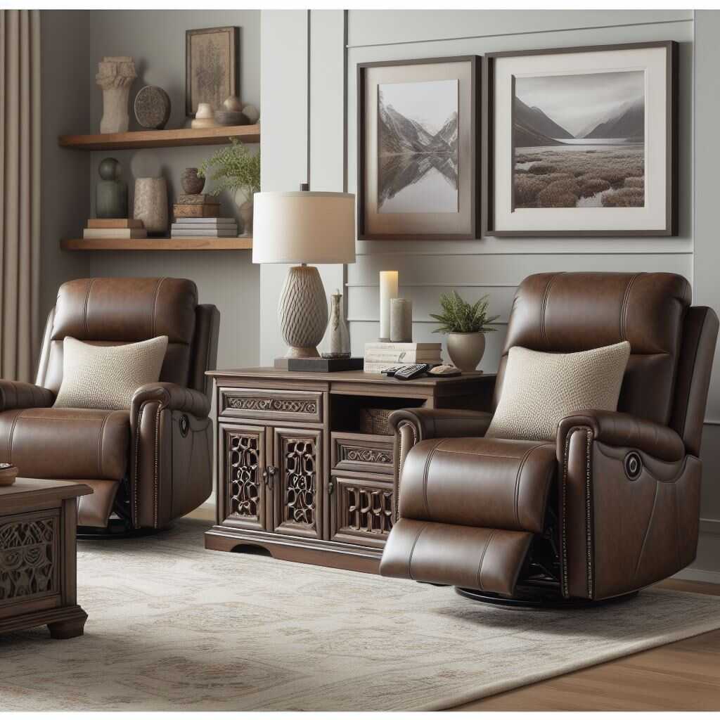A stylish leather rocking recliner with storage.