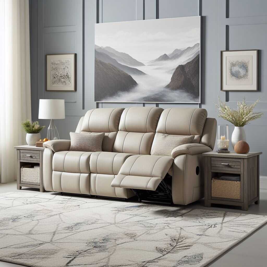 A white leather loveseat in a modern living room
